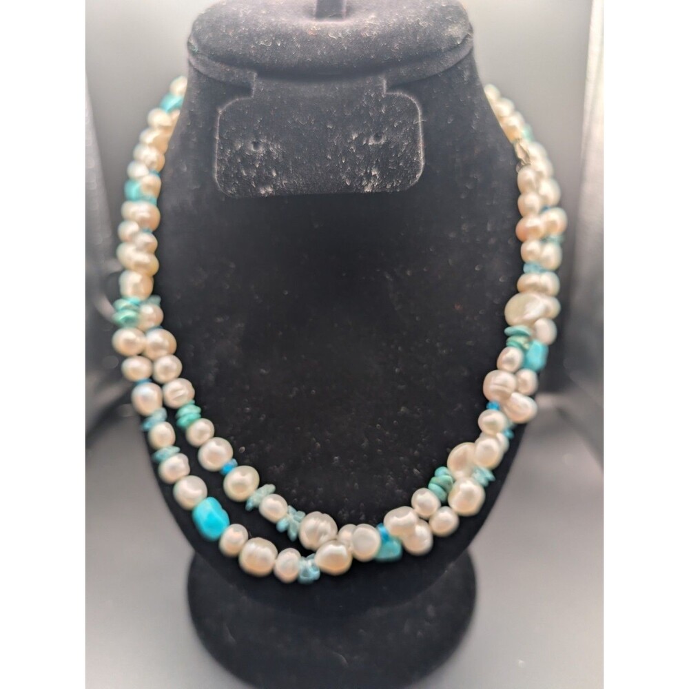 Vintage 38 Freshwater Pearl Turquoise Chip 925 Silver Necklace